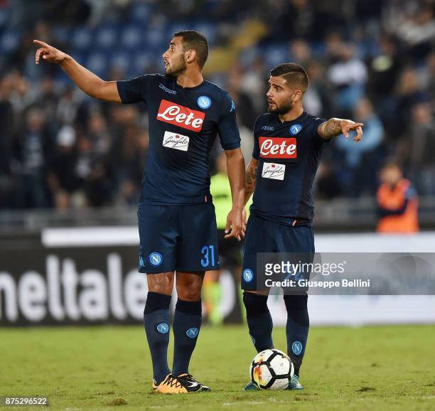 Faouzi Ghoulam and Lorenzo Insigne of SSC Napoli in action during the Serie A match between SS Lazio and SSC Napoli at Stadio Olimpico on September...