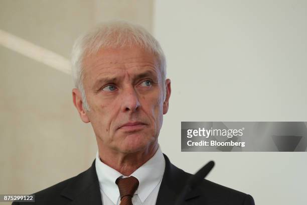 Matthias Mueller, chief executive officer of Volkswagen AG, pauses during a news conference at the automaker's headquarters in Wolfsburg, Germany, on...
