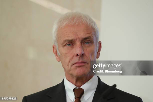 Matthias Mueller, chief executive officer of Volkswagen AG, looks on during a news conference at the automaker's headquarters in Wolfsburg, Germany,...