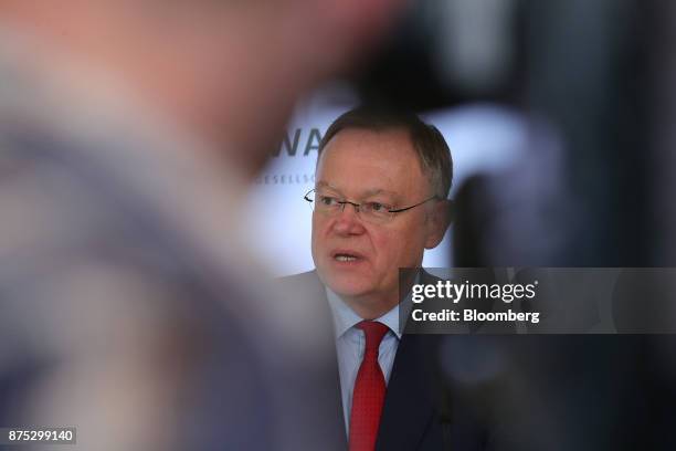 Stephan Weil, prime minister of the German state of Lower Saxony, speaks during a news conference at the Volkswagen AG headquarters in Wolfsburg,...