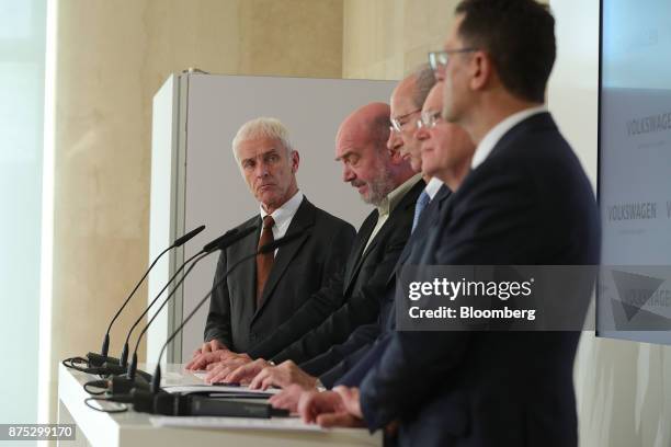 Matthias Mueller, chief executive officer of Volkswagen AG, left, look on during a news conference at the automaker's headquarters in Wolfsburg,...