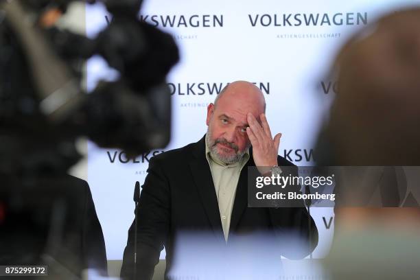 Bernd Osterloh, works council chief at Volkswagen AG, pauses during a news conference at the automaker's headquarters in Wolfsburg, Germany, on...