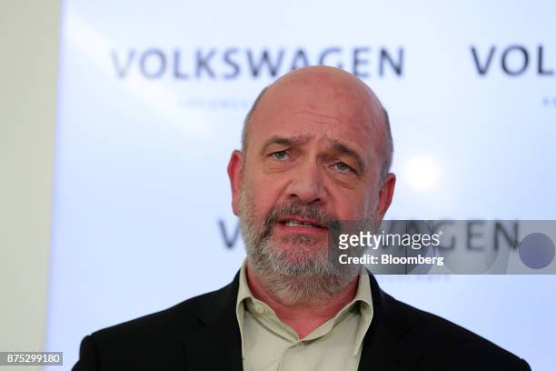 Bernd Osterloh, works council chief at Volkswagen AG, speaks during a news conference at the automaker's headquarters in Wolfsburg, Germany, on...
