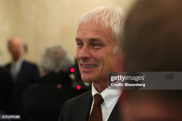 Matthias Mueller, chief executive officer of Volkswagen AG, looks on following a news conference at the automaker's headquarters in Wolfsburg,...