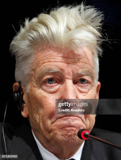 Film director David Lynch reacts, during a press conference in Kiev, Ukraine, on November 17, 2017. Holder of the "Golden Palm Branch","The Golden...