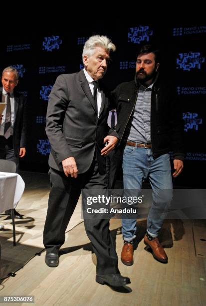 Film director David Lynch leaves a press conference in Kiev, Ukraine, on November 17, 2017. Holder of the Golden Palm Branch,"The Golden Lion" and...