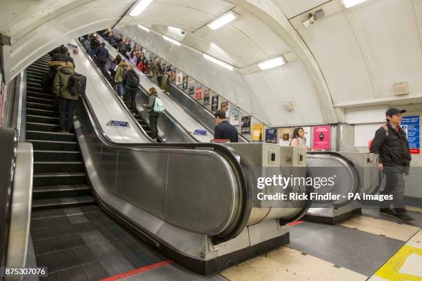 General view of the escalator in Kings' Cross St Pancras underground station which originally caught fire in 1987, ahead of the fire's 30th...