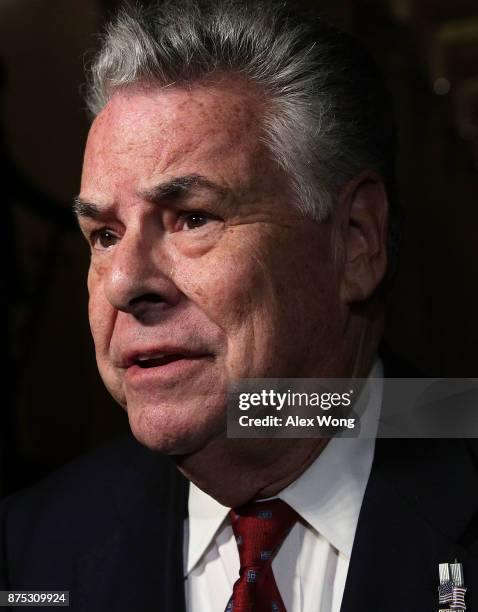 Rep. Peter King speaks to members of the media after President Donald Trump's visit to a House Republican Conference meeting November 16, 2017 in...