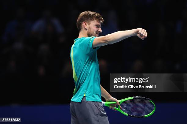 David Goffin of Belgium celebrates victory in his Singles match against Dominic Thiem of Austria during day six of the Nitto ATP World Tour Finals at...