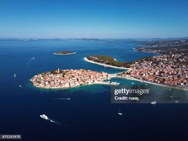 aerial panorama of marina and resort adriatic town primosten, croatia. - croatia coast imagens e fotografias de stock