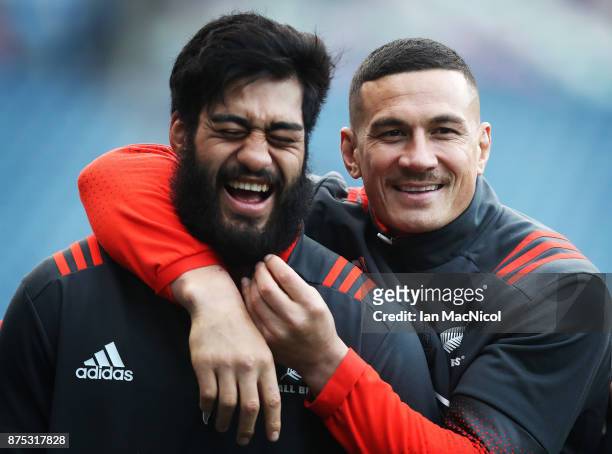 Sonny Bill Williams and Akira Ioane of New Zealand is seen during the Captains Run at Murrayfield Stadium on November 17, 2017 in Edinburgh, Scotland.