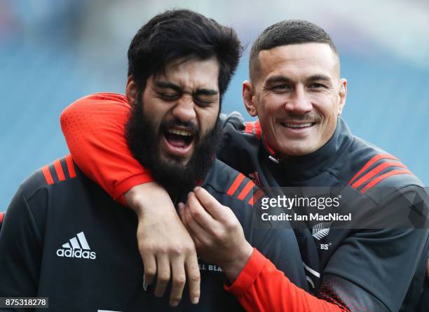 Sonny Bill Williams and Akira Ioane of New Zealand is seen during the Captains Run at Murrayfield Stadium on November 17, 2017 in Edinburgh, Scotland.