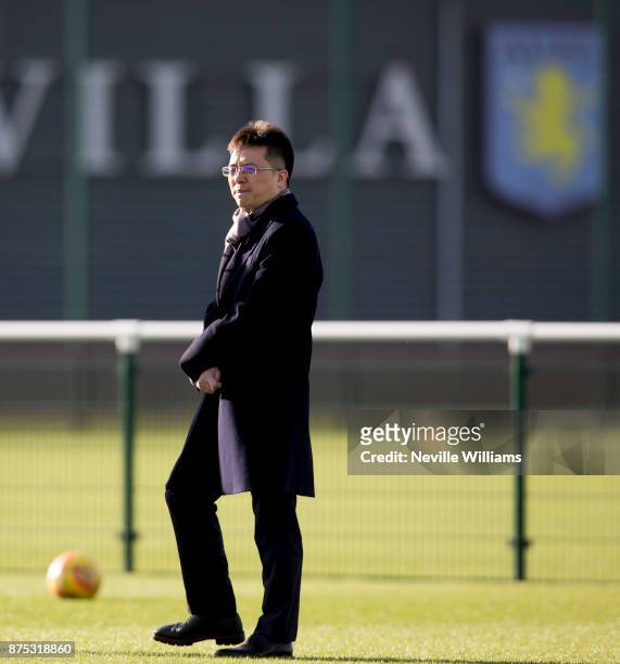 Dr Tony Xia chairman of Aston Villa watches a training session at the club's training ground at Bodymoor Heath on November 17, 2017 in Birmingham,...