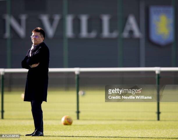 Dr Tony Xia chairman of Aston Villa watches a training session at the club's training ground at Bodymoor Heath on November 17, 2017 in Birmingham,...