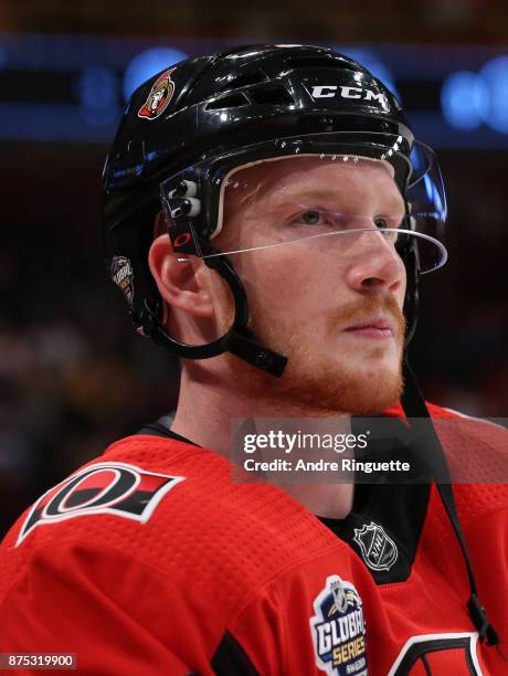 Jack Rodewald of the Ottawa Senators warms up prior to a game against the Colorado Avalanche at Ericsson Globe on November 11, 2017 in Stockholm,...