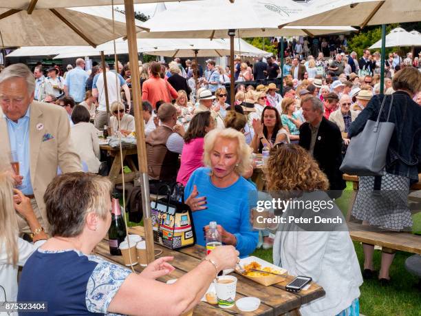 Visitors to a food court at Chelsea Flower Show. The RHS Chelsea Flower Show, is a garden show held for five days in May by the Royal Horticultural...