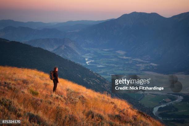 female hiker looking at sunset with the similkameen valley behind, british columbia, canada - okanagan valley - fotografias e filmes do acervo