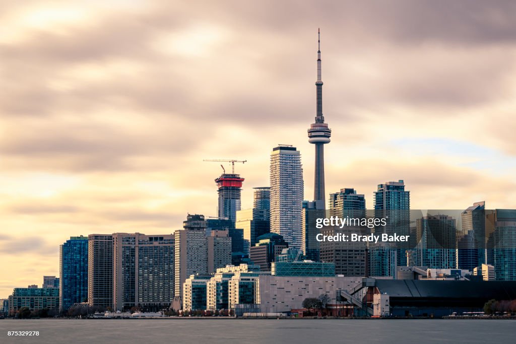 Close Up of Toronto City Skyline with Dramatic Sky near Sunset