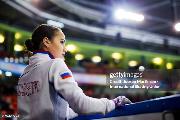 Alina Zagitova of Russia looks on in the Ladies Short Program during day one of the ISU Grand Prix of Figure Skating at Polesud Ice Skating Rink on...