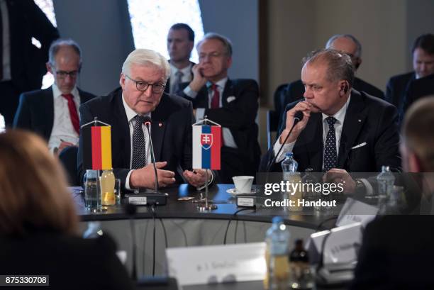 In this handout photo provided by the German Government Press Office , German President Frank-Walter Steinmeier and Slovakian President Andrej Kiska...