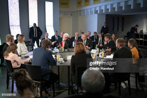 In this handout photo provided by the German Government Press Office , German President Frank-Walter Steinmeier and Slovakian President Andrej Kiska...