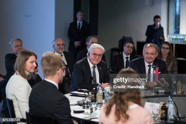 In this handout photo provided by the German Government Press Office , German President Frank-Walter Steinmeier and Slovakian President Andrej Kiska...