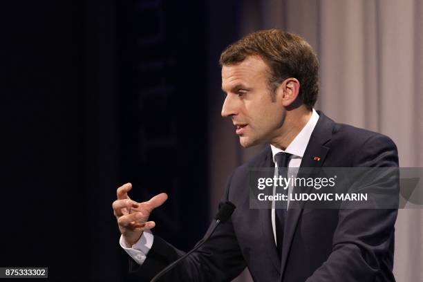 France's President Emmanuel Macron addresses a press conference at the European Social Summit in Gothenburg, Sweden, on November 17, 2017.