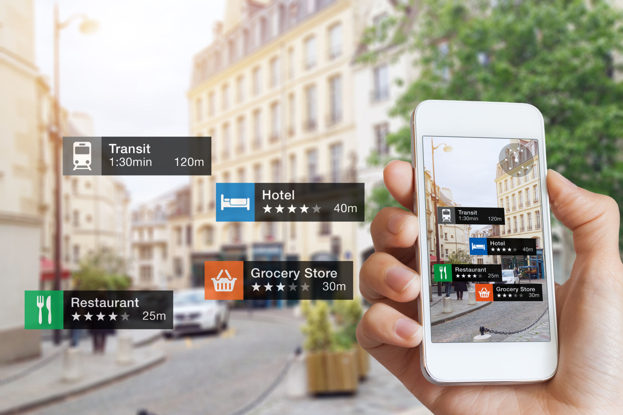 Augmented Reality information technology, hand, smartphone screen, street business, services Augmented Reality information technology, hand, smartphone screen, street business, services