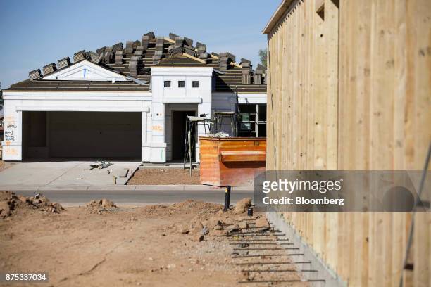 Home under construction is seen at the D.R. Horton Express Homes Magma Ranch housing development in Florence, Arizona, U.S., on Thursday, Nov. 16,...