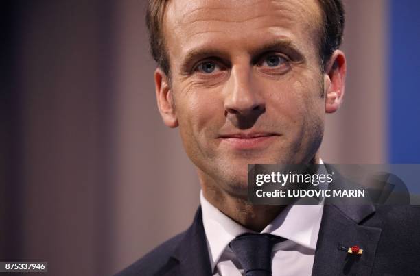 France's President Emmanuel Macron addresses a press conference at the European Social Summit in Gothenburg, Sweden, on November 17, 2017.