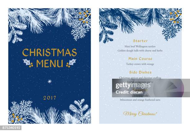 weihnachtsmenü mit weißen immergrünen silhouetten. - menu christmas stock-grafiken, -clipart, -cartoons und -symbole