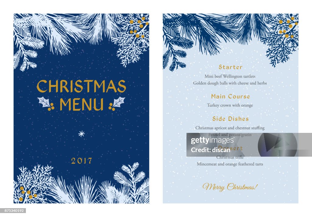 Christmas Menu with White Evergreen Silhouettes.