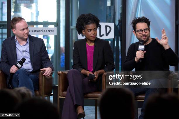 Alex Mandell, Ashley Bryant and JJ Abrams attend Build Presents to dicuss "The Play That Goes Wrong" at Build Studio on November 17, 2017 in New York...