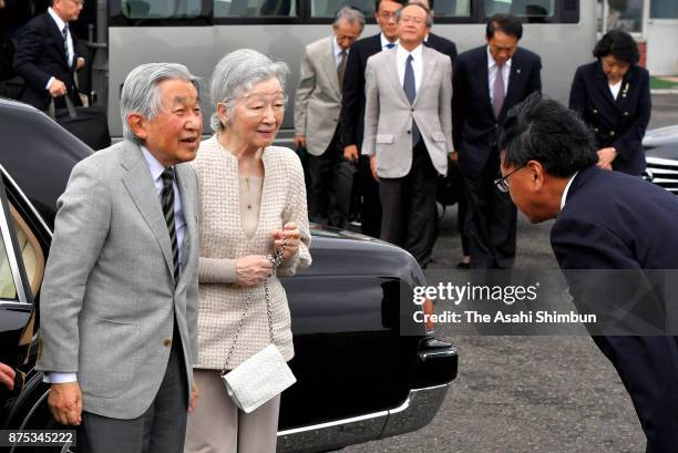 Emperor Akihito and Empress Michiko are seen on departure at Yoron Airport during their visit to Yoronjima Island on November 17, 2017 in Yoron,...