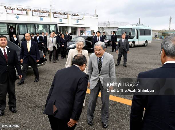 Emperor Akihito and Empress Michiko are seen on departure at Yoron Airport during their visit to Yoronjima Island on November 17, 2017 in Yoron,...
