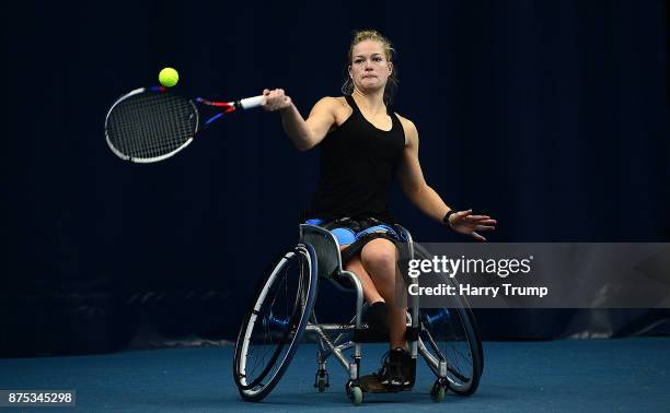 Diede De Groot of Holland attempts to hit the ball during Day Three of the Bath Indoor Wheelchair Tennis Tournament at the University of Bath on...