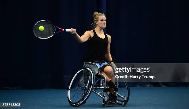 Diede De Groot of Holland attempts to hit the ball during Day Three of the Bath Indoor Wheelchair Tennis Tournament at the University of Bath on...