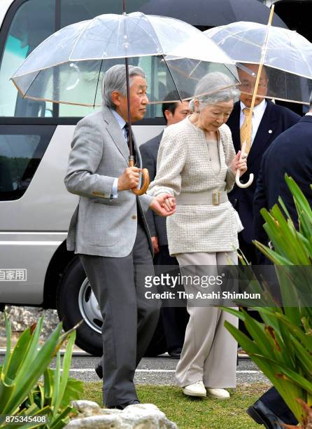 Emperor Akihito and Empress Michiko visit Yurigahama Beach at Yoronjima Island on November 17, 2017 in Yoron, Kagoshima, Japan.