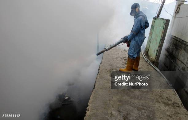 Health worker fumigation densely populated areas to prevent the spread of Aedes aegypti, in an attempt to control dengue fever at a neighborhood in...