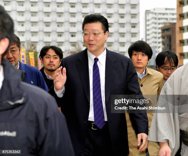 Isegahama, stable master of Mongolian yokozuna Harumafuji is seen on arrival during day six of the Grand Sumo Kyushu Tournament at Fukuoka Convention...