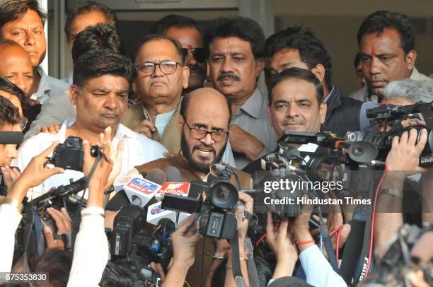 Congress leader KK Mishra talking to media after getting bail in defamation case against Madhya Pradesh Chief minister Shivraj Singh Chouhan at court...