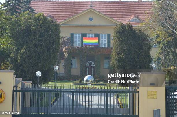 Photo taken in Ankara, Turkey on November 17, 2017 shows a LGBT flag displayed in front of the Embassy of Germany after the German LGBT Film...