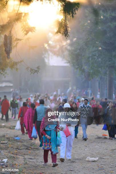 Nepalese devotees offering holy grains 'Satbij' mixed of 7 types of grain on the occasion of Bala Chaturdashi festival celebrated in the premises of...