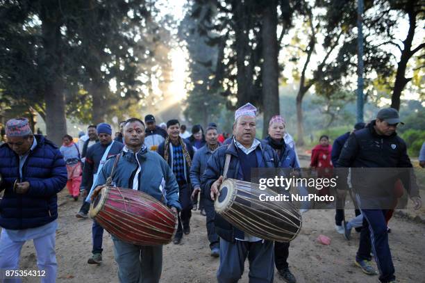 Nepalese devotees playing traditional instruments on the occasion of Bala Chaturdashi festival celebrated in the premises of Pashupatinath Temple,...