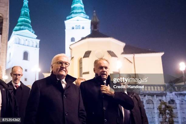 In this handout photo provided by the German Government Press Office , German President Frank-Walter Steinmeier and Slovakian President Andrej Kiska...