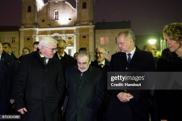 In this handout photo provided by the German Government Press Office , German President Frank-Walter Steinmeier and Slovakian President Andrej Kiska...