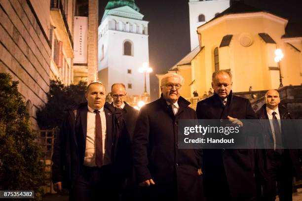 In this handout photo provided by the German Government Press Office , German President Frank-Walter Steinmeier and Slovakian President Andrej Kiska...