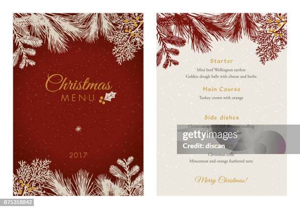 illustrazioni stock, clip art, cartoni animati e icone di tendenza di menu di natale con sagome evergreen bianche. - capodanno