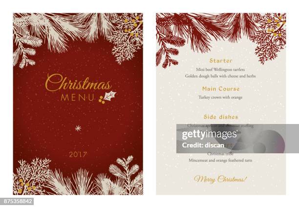 stockillustraties, clipart, cartoons en iconen met kerstmenu met witte groenblijvende silhouetten. - menu