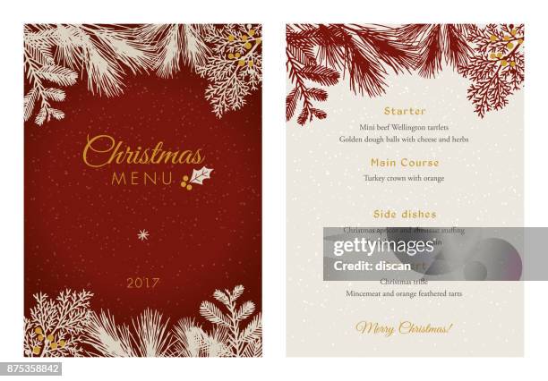 christmas menu with white evergreen silhouettes. - menu stock illustrations